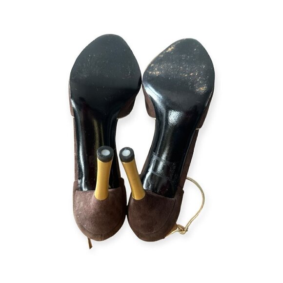 Charles Jourdan Brown Suede Ankle Strap Pumps With Gold Metal Heel, Size 8 1/2 - Picture 8 of 15